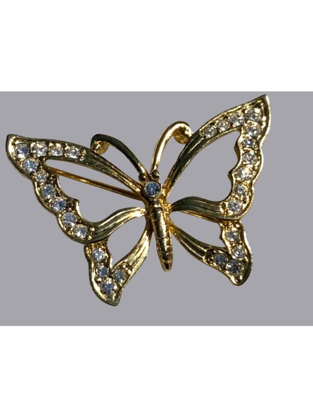 Gold Tone Butterfly Brooch With Clear Rhinestone Detailing Women Jewelry - Picture 4 of 6